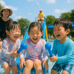 ジャブジャブプールで水遊びを楽しむ子どもたち